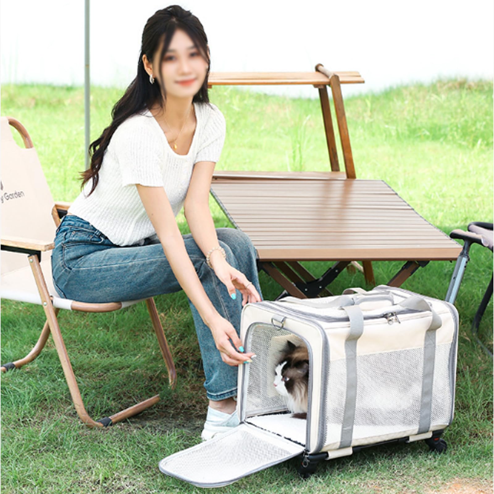 Mochila De Viaje con Ruedas, Bolsa Trasportín De Viaje para Perros Gatos, Transportador con Almohadillas Y Manija Telescópica para Mascotas Pequeñas Medianas,Beige