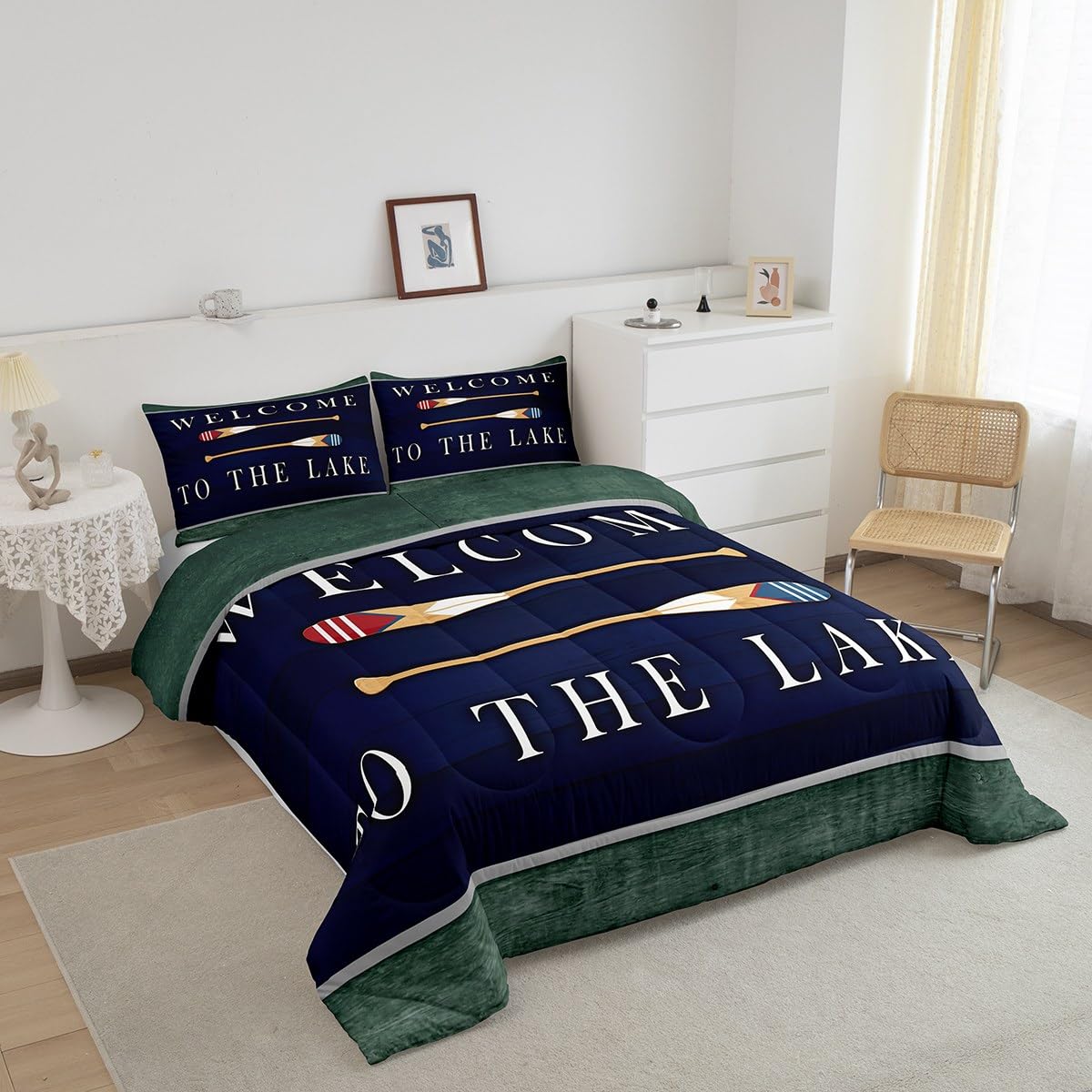 Erosebridal Lake House Comforter Set Queen Size - Rustic Farmhouse Bedding, Dark Blue & White