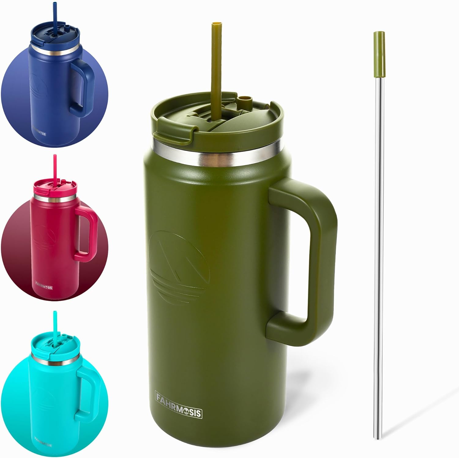 64 Oz Tumbler with Handle and Straw Half Gallon Water Bottle Stainless Steel Travel Mug for Hot & Cold Drinks, Reusable Water Bottle with Lids and Straw - Army Green