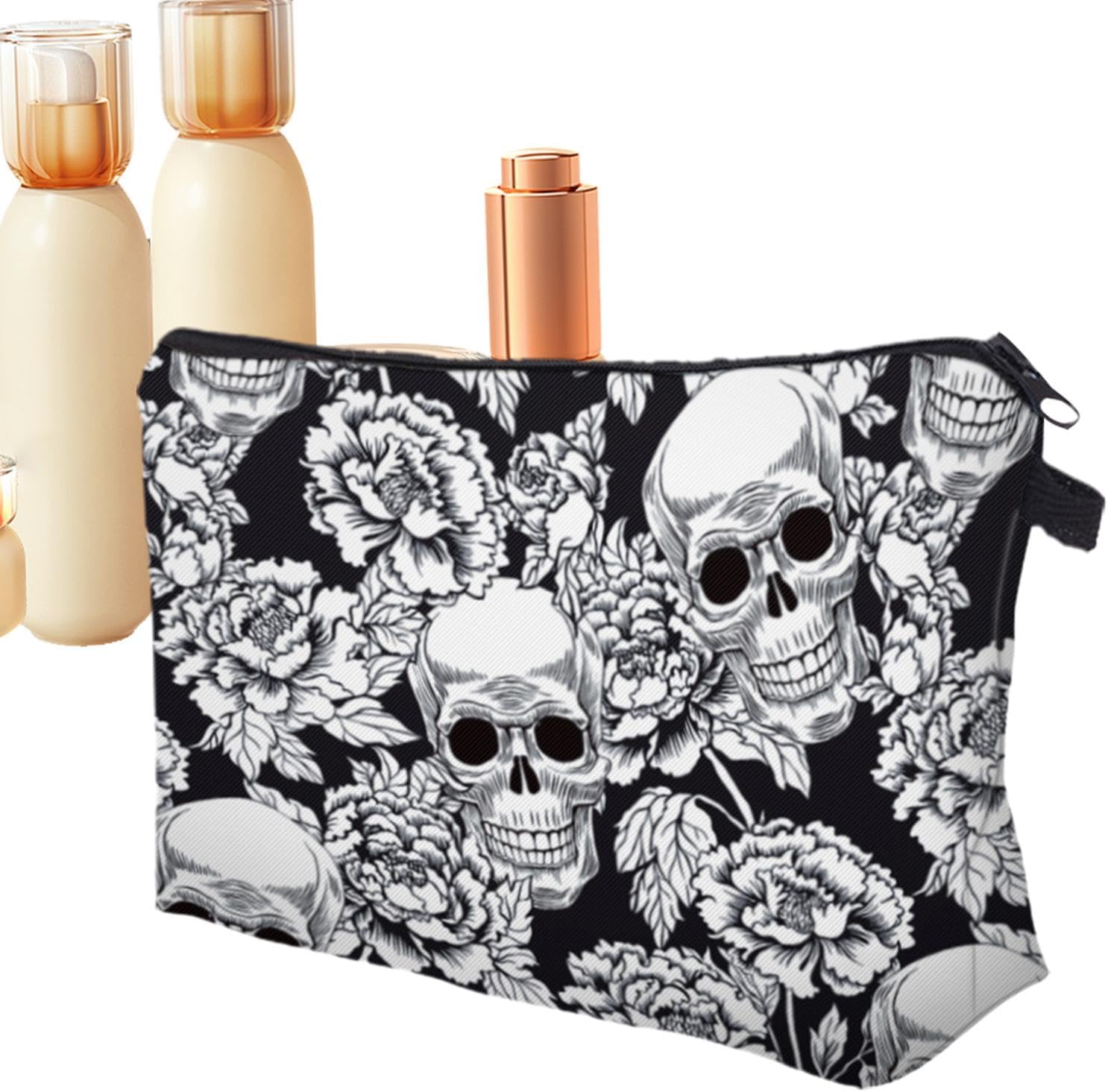 Goth Makeup Bag - Skull Printed Waterproof Polyester Cosmetic Bag,Multifunctional Portable Organizing Pouch Storage Bags with Zipper for Women Females Girls Ladies