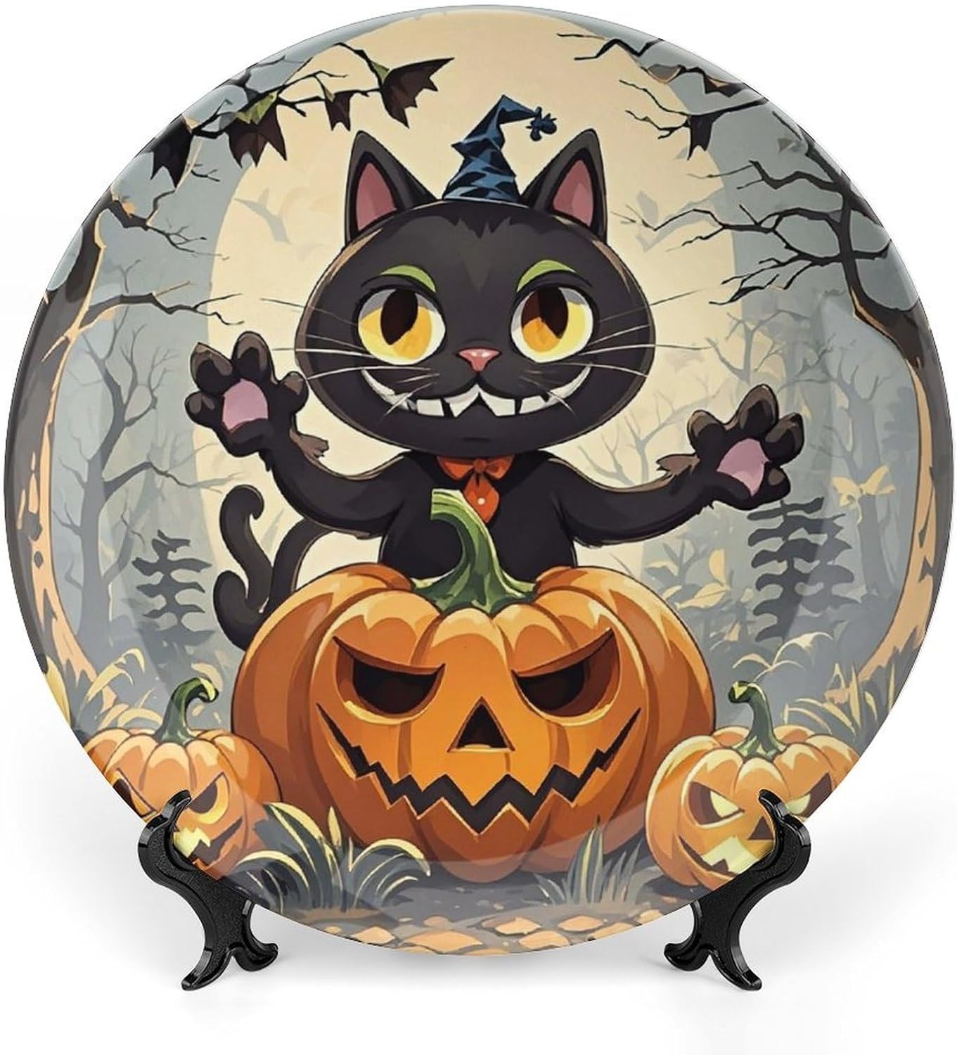 Evil Cat Ceramic Decorative Plate for Home, Bone China Plates | Chinese Style Decorative Dish with Stand, Dinner Plates Art Crafts for Wall Decor, Collections Plate with Hook 6inch