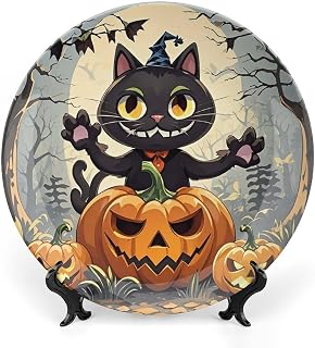 Evil Cat Ceramic Decorative Plate for Home, Bone China Plates | Chinese Style Decorative Dish with Stand, Dinner Plates Art Crafts for Wall Decor, Collections Plate with Hook 6inch