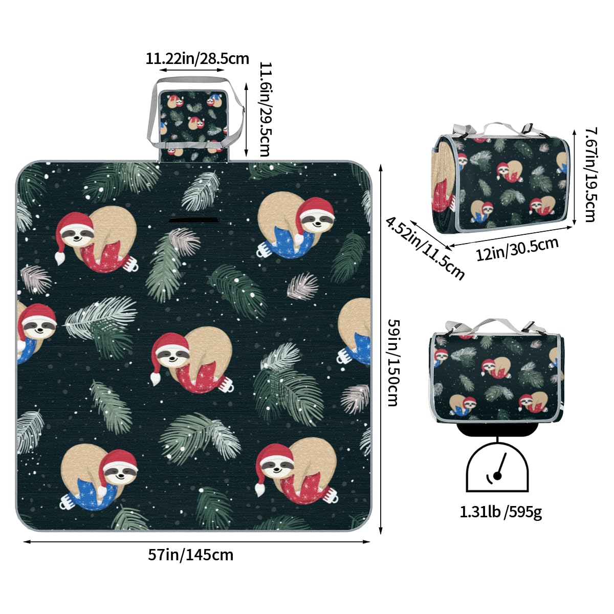 Shimoshe Picnic Blankets 57”x 59”, Snowflake Christmas Sloth Waterproof Sandproof Picnic Mat Lightweight Foldable Beach Blanket for Camping Park Grass Beach Outdoor Blanket