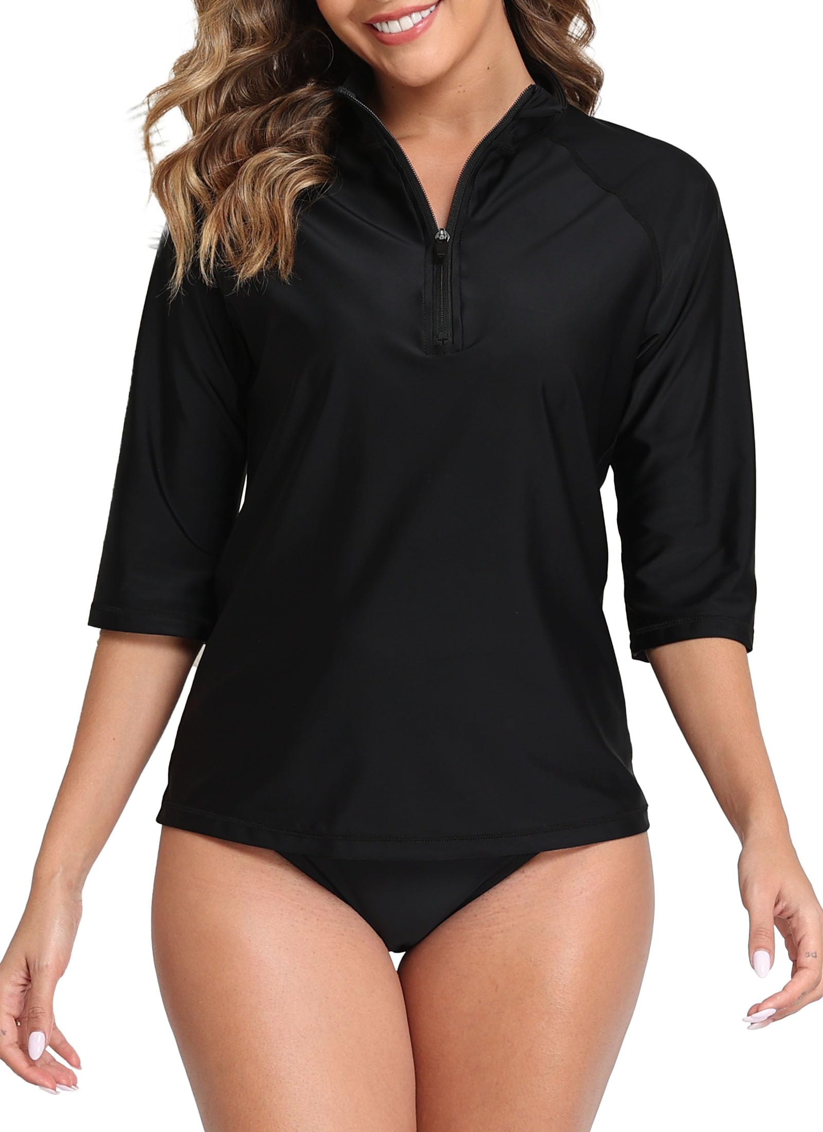 Women's 3/4 Sleeve Rash Guard Swimsuit Top High Neck Half Zip Swim Shirt Only UPF50+ Quick Dry Bathing Suit-image-22