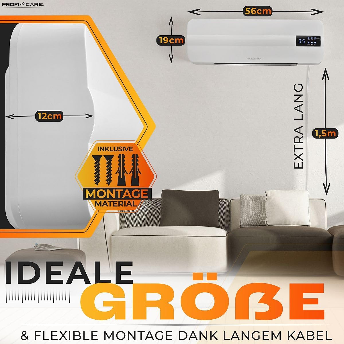 Diagram showing dimensions of ProfiCare PC-HL 3116 heater and included mounting material