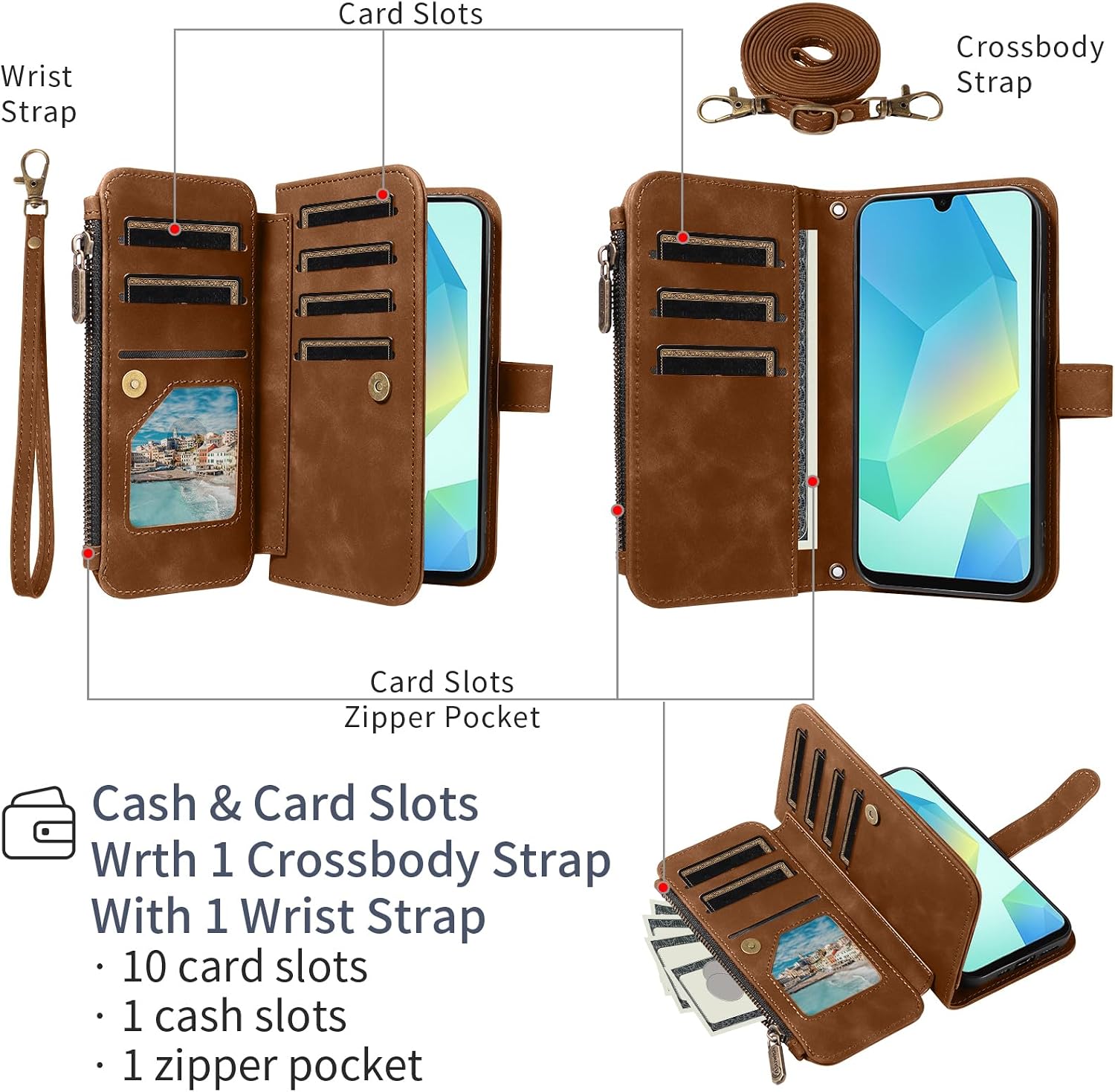 Asuwish Phone Case for Samsung Galaxy A16 5G/4G Zipper Wallet Cell Cover with Tempered Glass Screen Protector Crossbody Wrist Strap Flip Credit Card Holder Purse Slot A 16 16A SM-A166U Women Men Brown