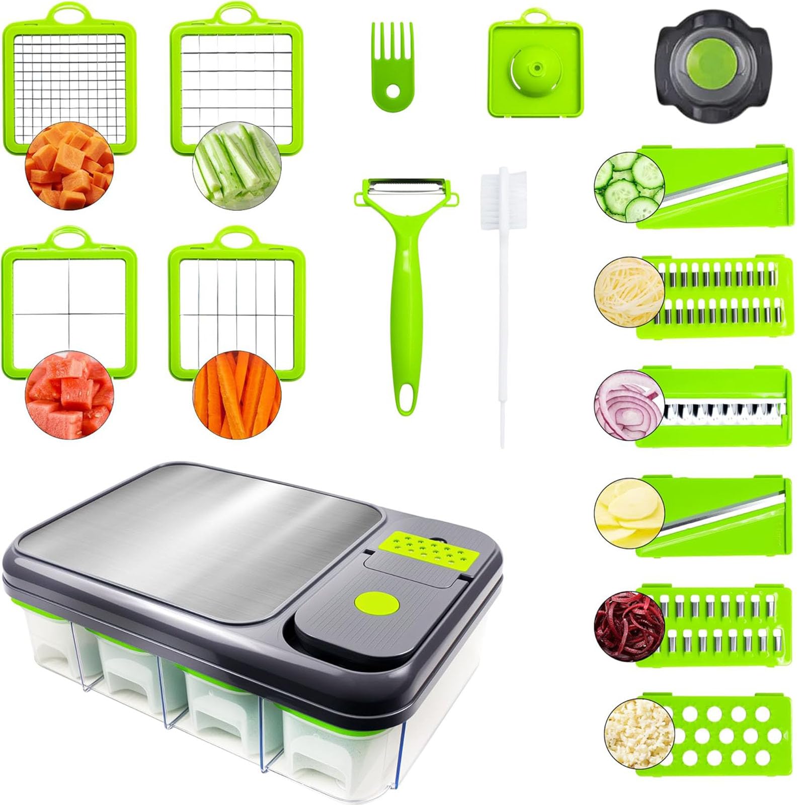Robot de Légumes 15 en 1 Robot Alimentaire avec Récipient Mandoline Trancheuse Outil de Dégivrage Râpe Outil de Cuisine Manuel en Acier Inoxydable pour Fruits et Légumes