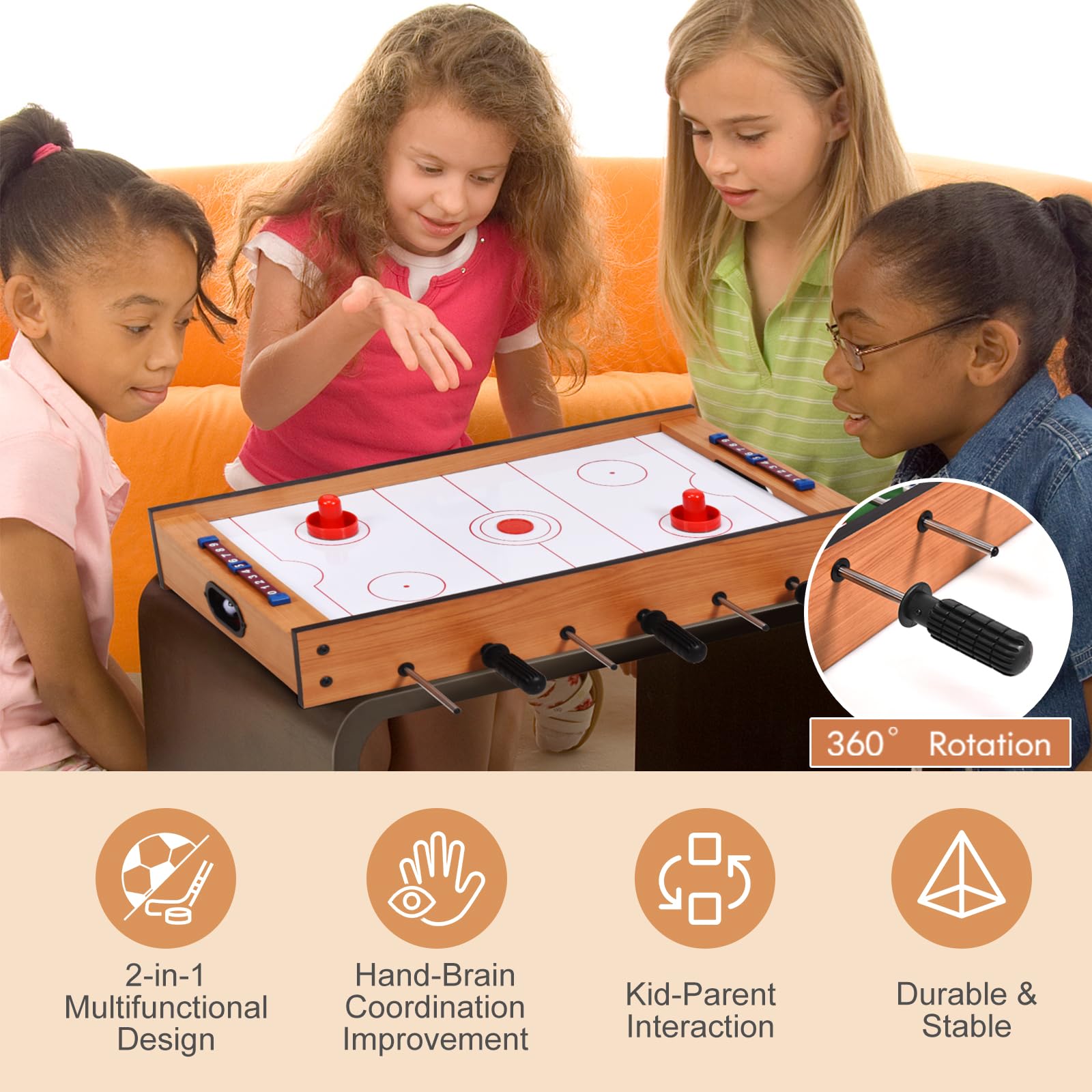 HOMASIS Mesa multijuegos de Madera para niños, Mesa de futbolín y Air Hockey con Asas duraderas, Mesa de Juego de fútbol para el hogar, Bar, Oficina, para niños de 4+ años, 69x36x10cm, Multicolor