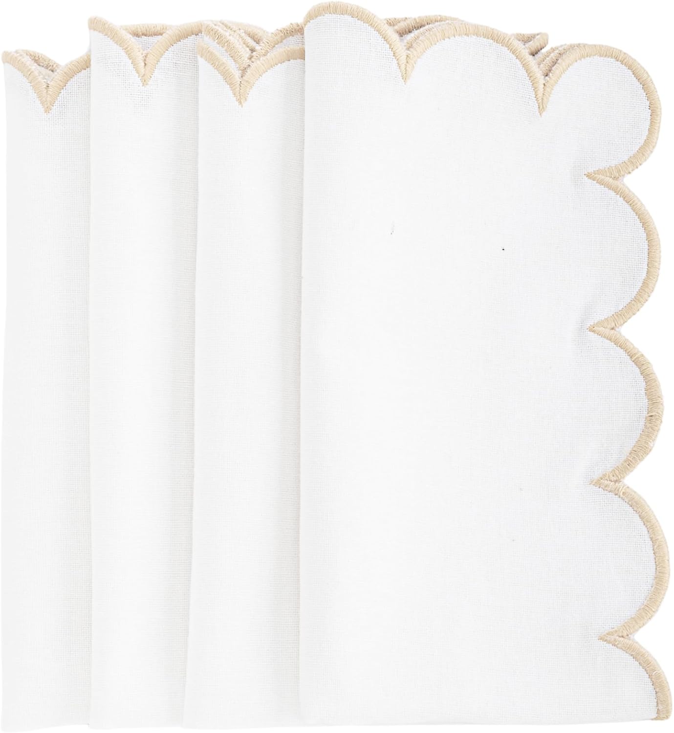 Beige and White Cloth Napkins, White Napkins, 100% Cotton Scalloped Embroidery Dinner Napkin Set of 4, Beige Trim Washable Napkins for Wedding, Dinner & Home Décor 18x18