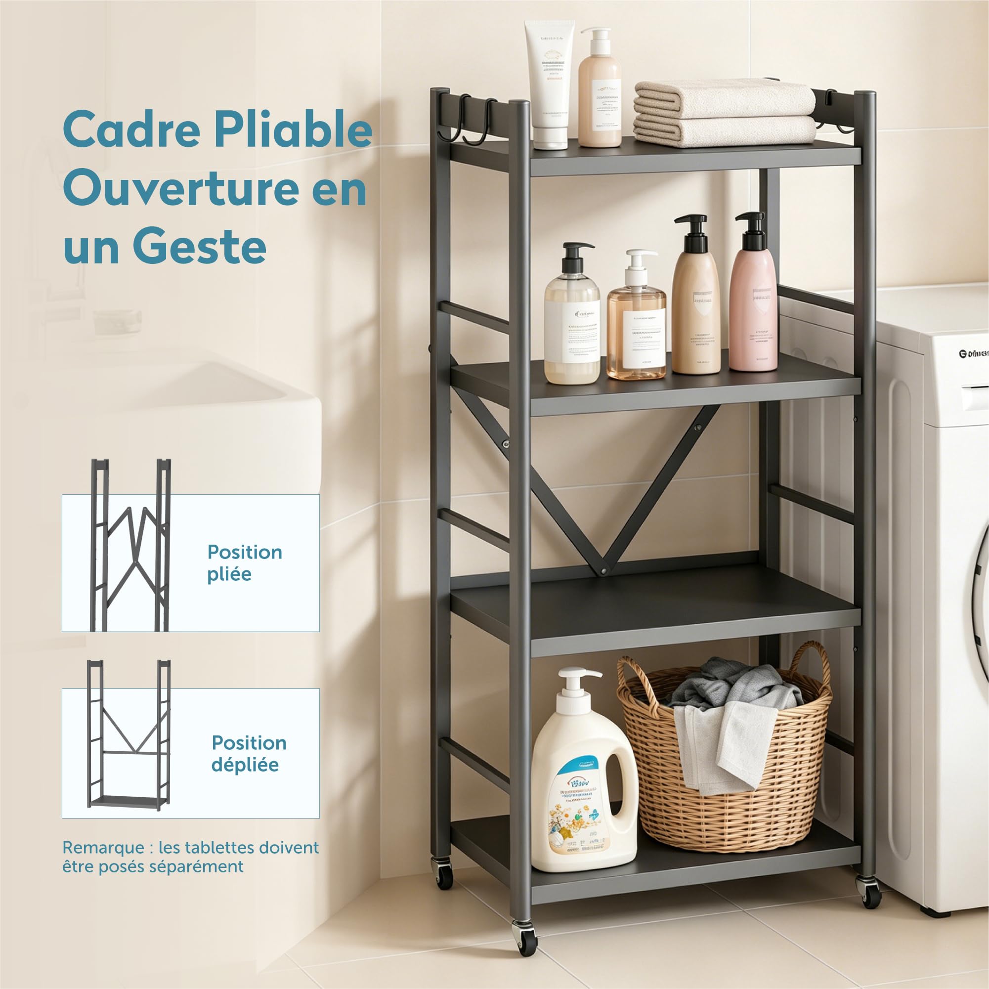 doporro Étagère de Rangement Cuisine 4 Niveaux avec 4 Crochets Desserte