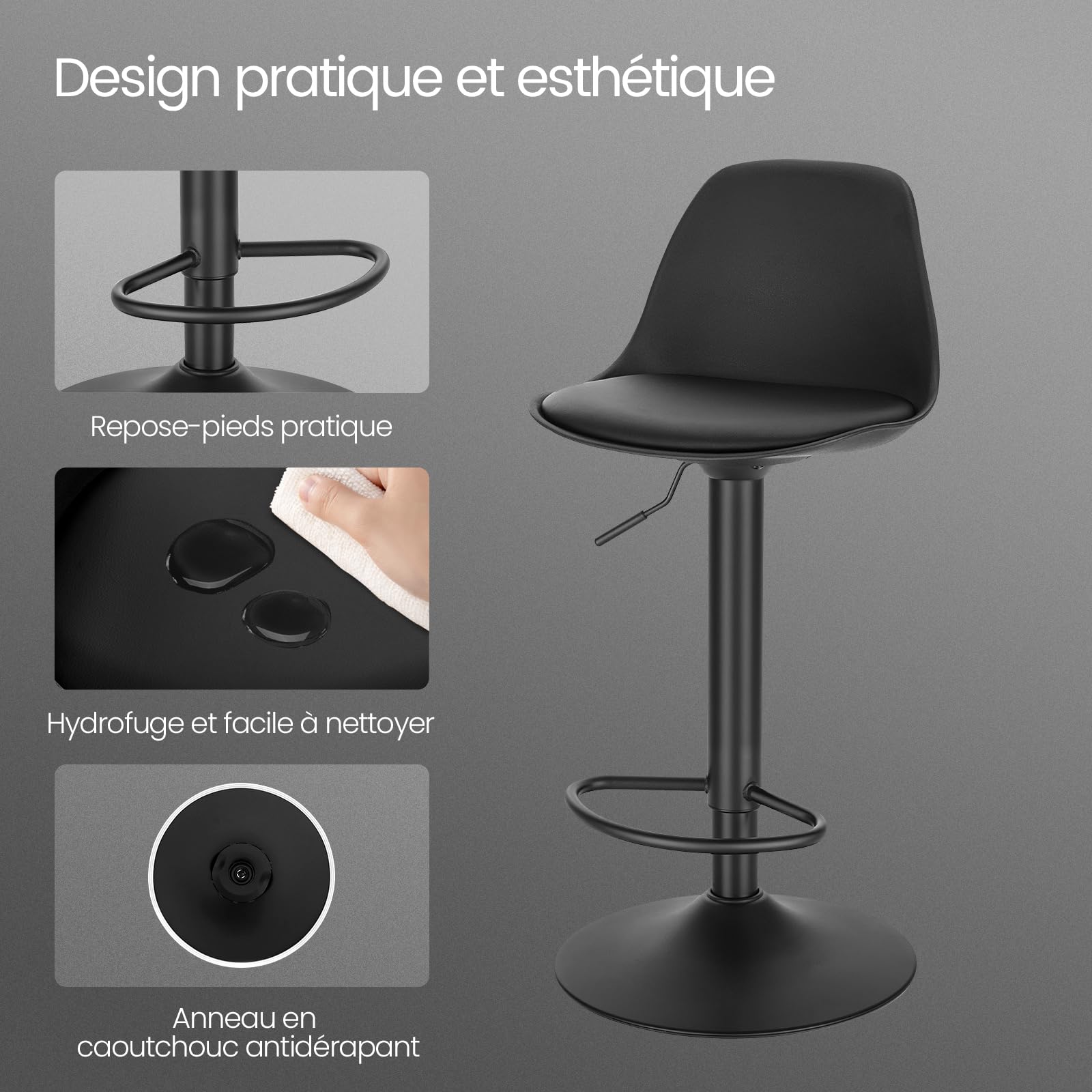 EUGAD Tabouret de Bar Lot de 2, Chaise de Bar Haute Cuisine Réglable en Hauteur et Pivotante, avec Dossier, Repose-Pieds, pour Îlot de Cuisine, Bar, Salle à Manger, en Cuir synthétique, Noir