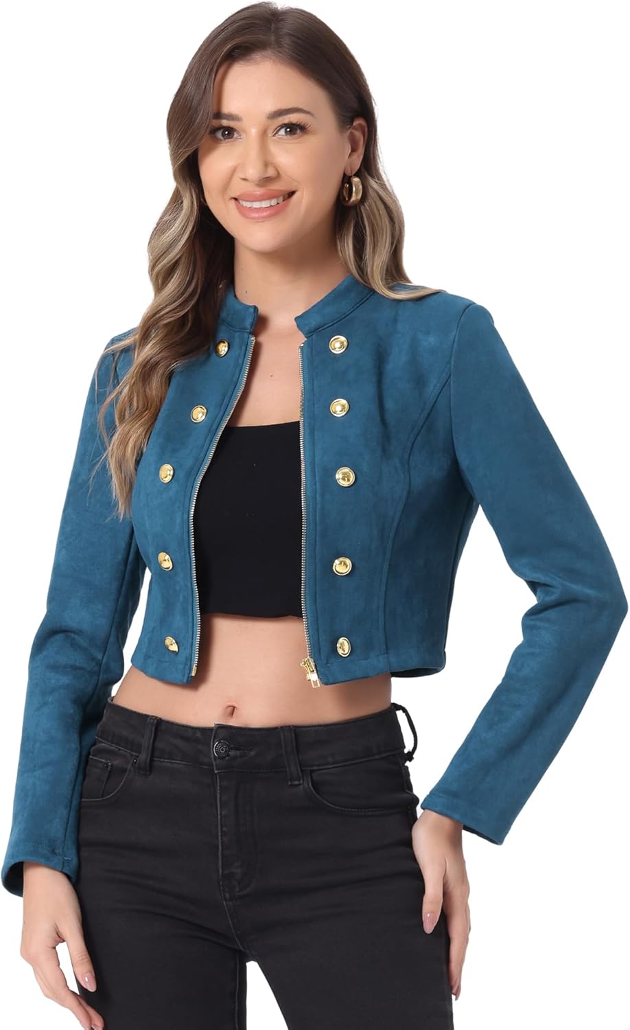 Allegra K Cropped Jacket for Women's Double Breasted Zip Up Faux Suede Jacket