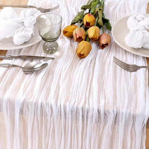 Camino de mesa rústico blanco de 14 pies, 35 x 171 pulgadas, camino de mesa de invierno arrugado para decoración de bodas, baby shower, fiestas