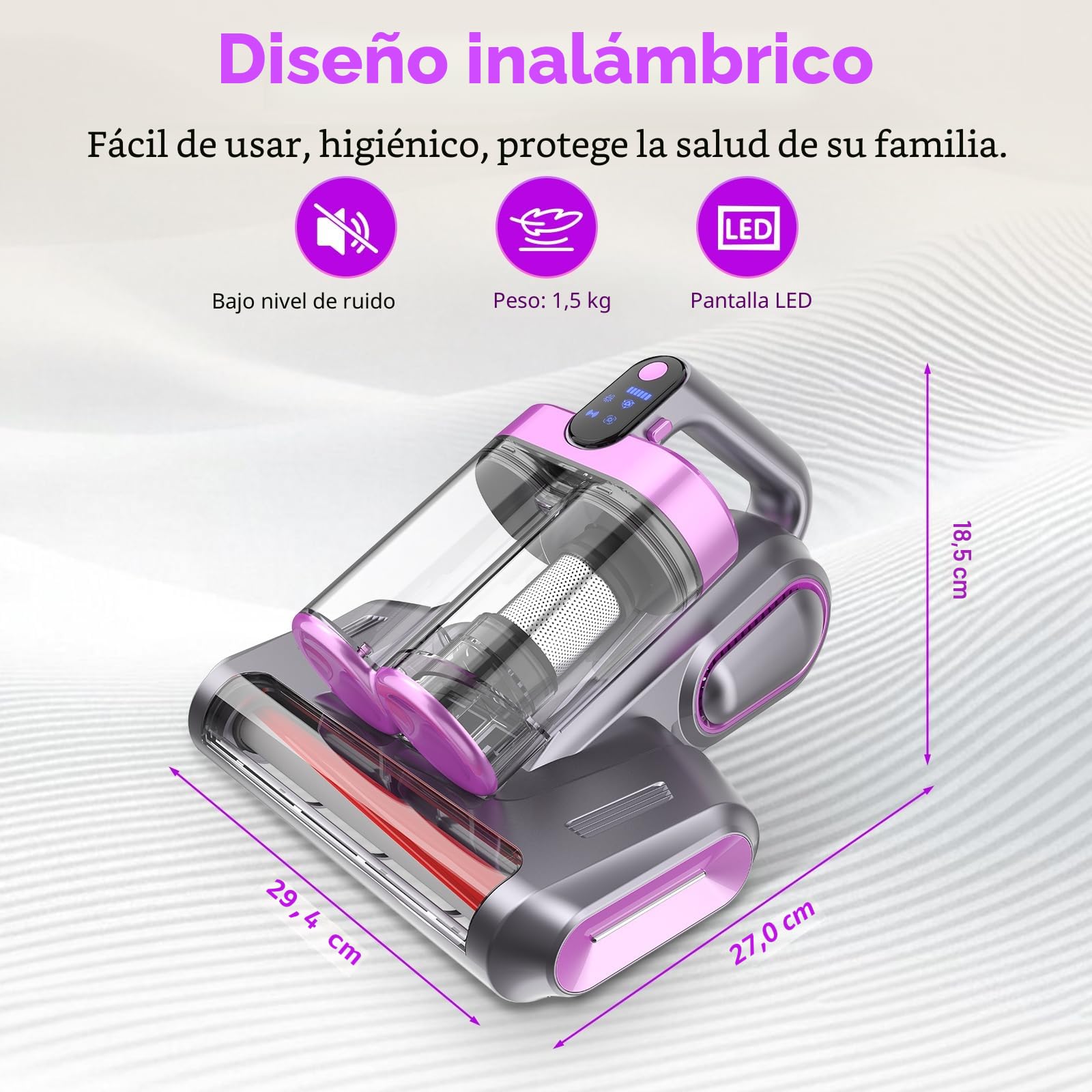 Aspirador Antiacaros,13 kPa de Fuerte Succión, Luz UV-C de 253.7 nm, Rotación del Cepillo de 30000 Rpm/Min, Filtro HEPA y Colector de 520ml Polvo Doble, Para Polvo de Cama, Sofá y Pelo de Mascotas