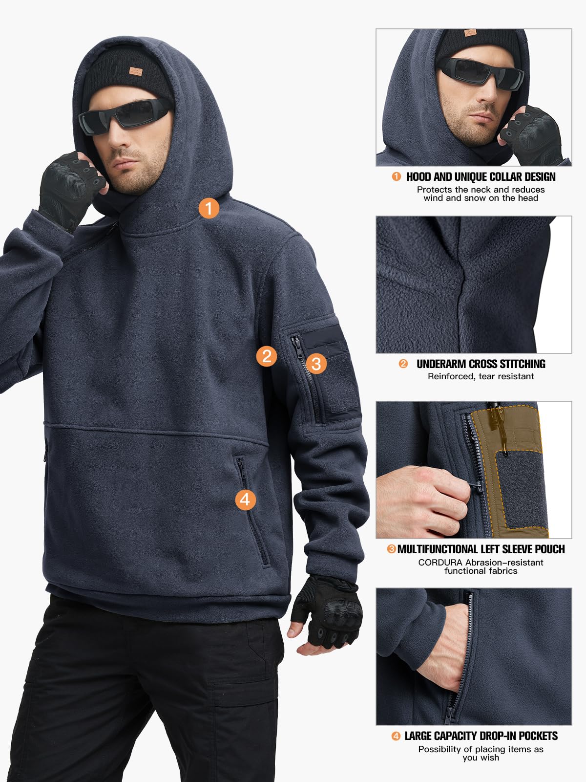 FREE SOLDIER Zimowa bluza z kapturem, męska, ciepła bluza z kapturem, z zamkiem błyskawicznym 1/4, wiatroszczelna, taktyczna kurtka robocza, kurtka outdoorowa, niebieski morski, 3XL