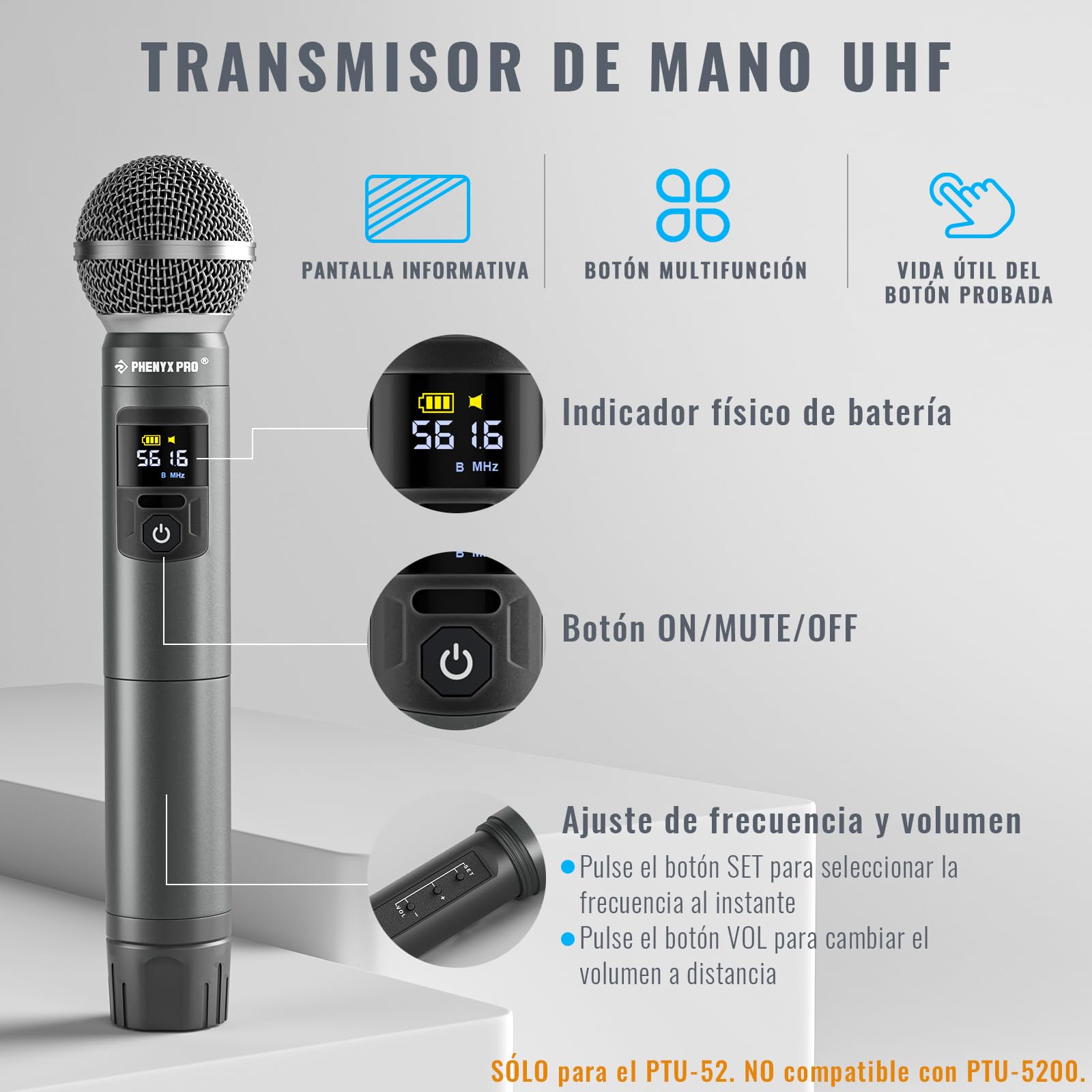 Phenyx Pro Sistema de Micrófono Inalámbrico de Metal, con Micrófonos de Mano/Bodypack/Auriculares/Lapel, 2x30 Frecuencias UHF, Alcance de 200 pies, para Cantar, Karaoke, Iglesia (PTU-52-1H1B)