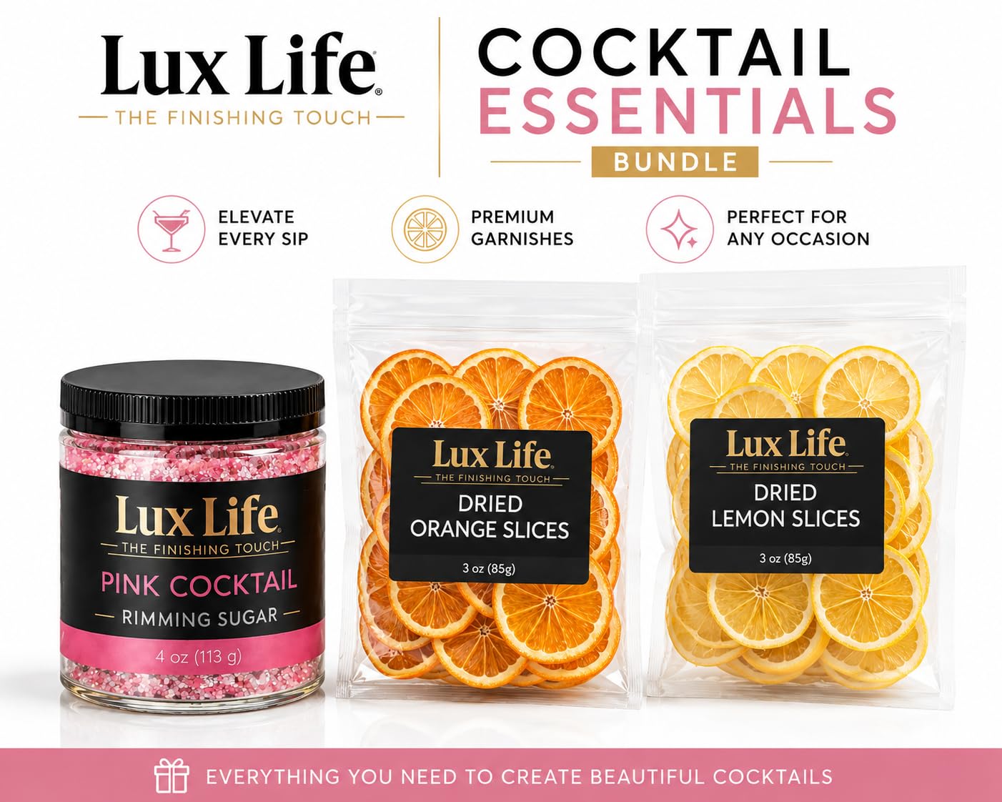 Lux Life Pink Cocktail Rimming Sugar & Dried Citrus Garnish Bundle – Pink Cocktail Sugar, Dried Orange Slices, Dried Lemon Slices & Recipe Guide for Cocktails, Mocktails & Drink Presentation image 3