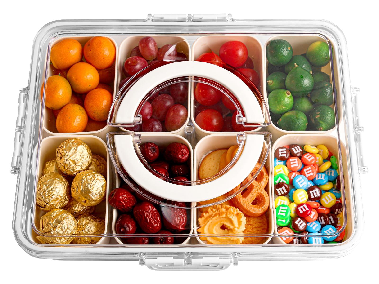 Zonpexe Snackle Box with Handle, Snack Box Container for Candy, Fruits, Nuts, Charcuterie and Veggies, Divided Serving Tray with Lid Perfect for Party and Entertaining, Travel and Beach Essentials