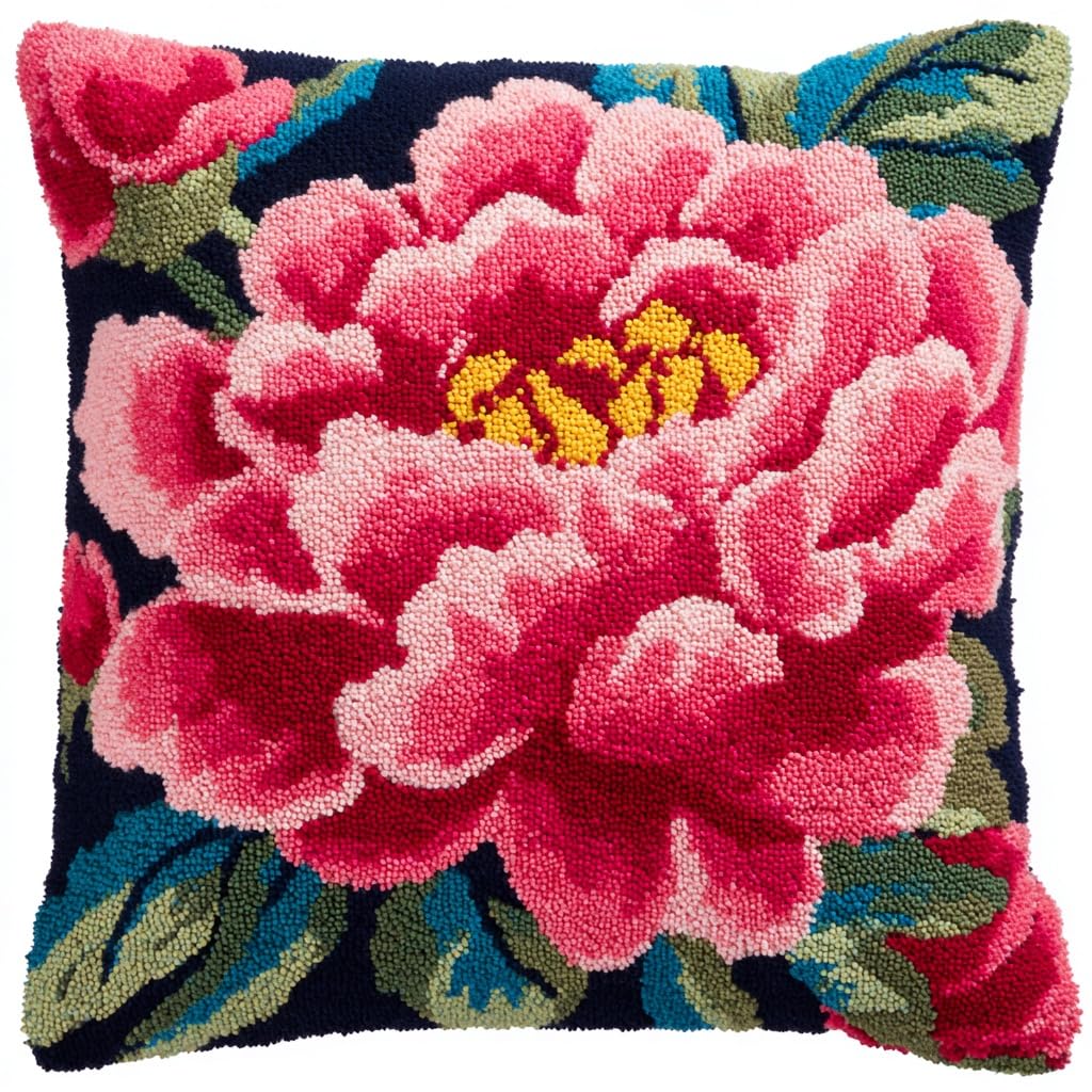 WallustrioaW Latch Hook Cushion Kits for Adults Pink Peony Flowers Needlework Pillow Cover 17X17Inch DIY Hooks Knitted Embroidered Carpet Pillow Embroidery Latch Hook Carpet Kit