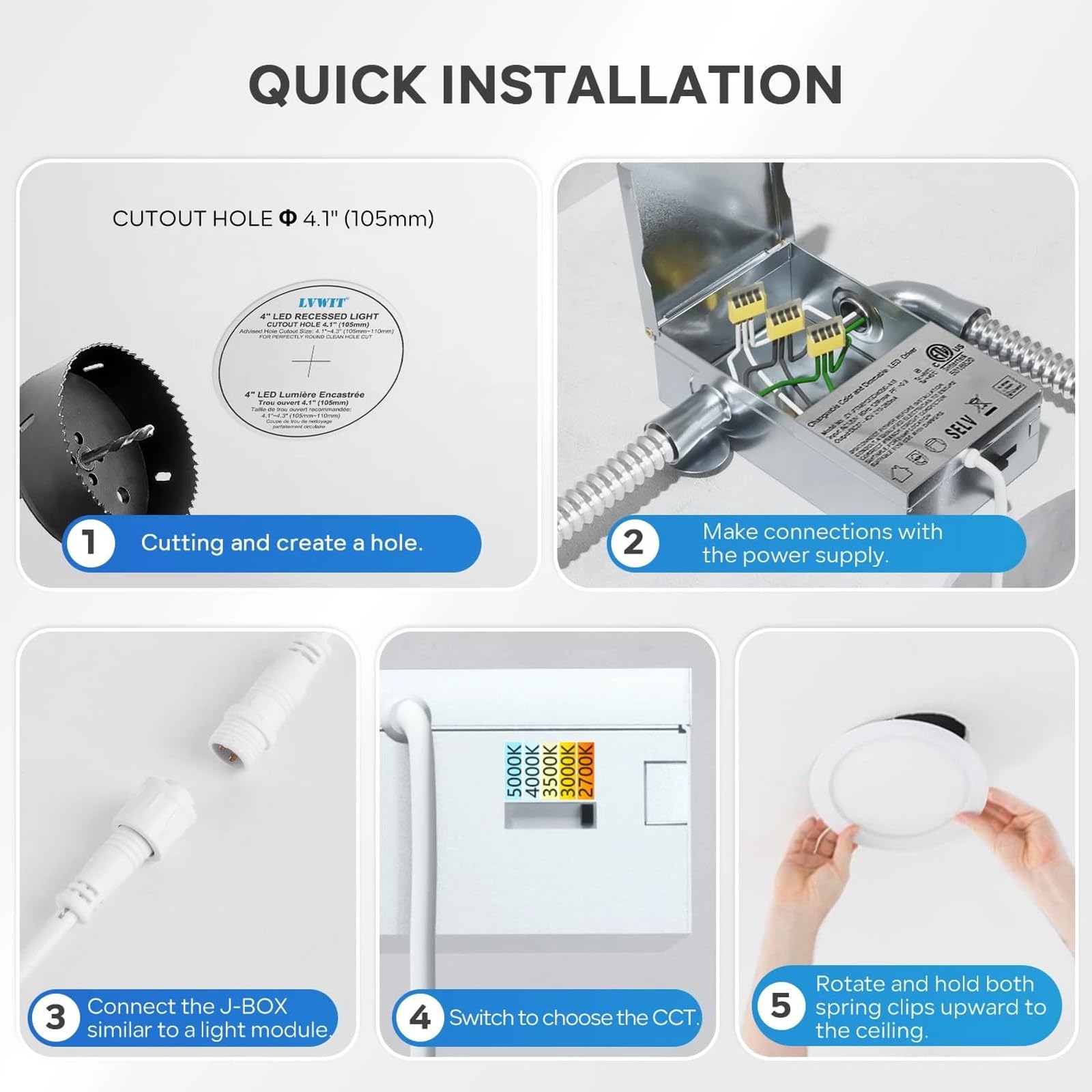 12Pack 4 Inch 5CCT LED Recessed Ceiling Light with Night Light 2700K 3000K 3500K 4000K 5000K Selectable Ultra-Thin — view 9