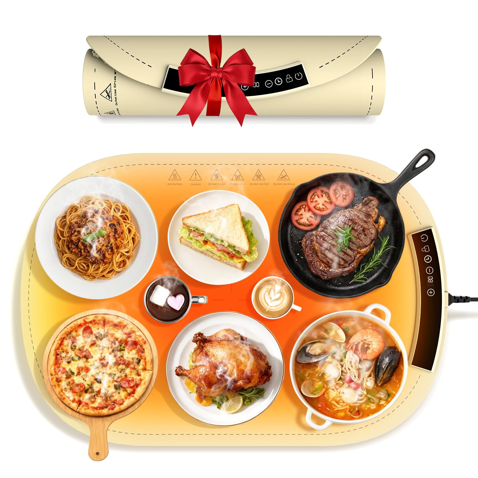 MQFORU Bandeja Calefactora Comida (60x40cm), Placa Calentadora Silicona Portátil Plegable con 7 Ajustes de Temperatura, Temporizador de 4 Horas y Bloqueo de Seguridad, Función de Bloqueo para Niños