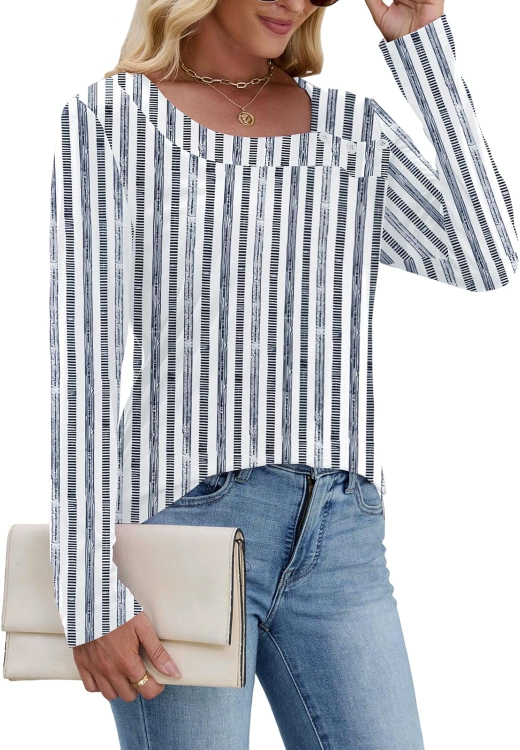 Womens Long Sleeve T Shirts Asymmetrical Neck Tops Business Blouses for Women Fashion 2025 Tunic Shirts Decorative Buttons - Image 5