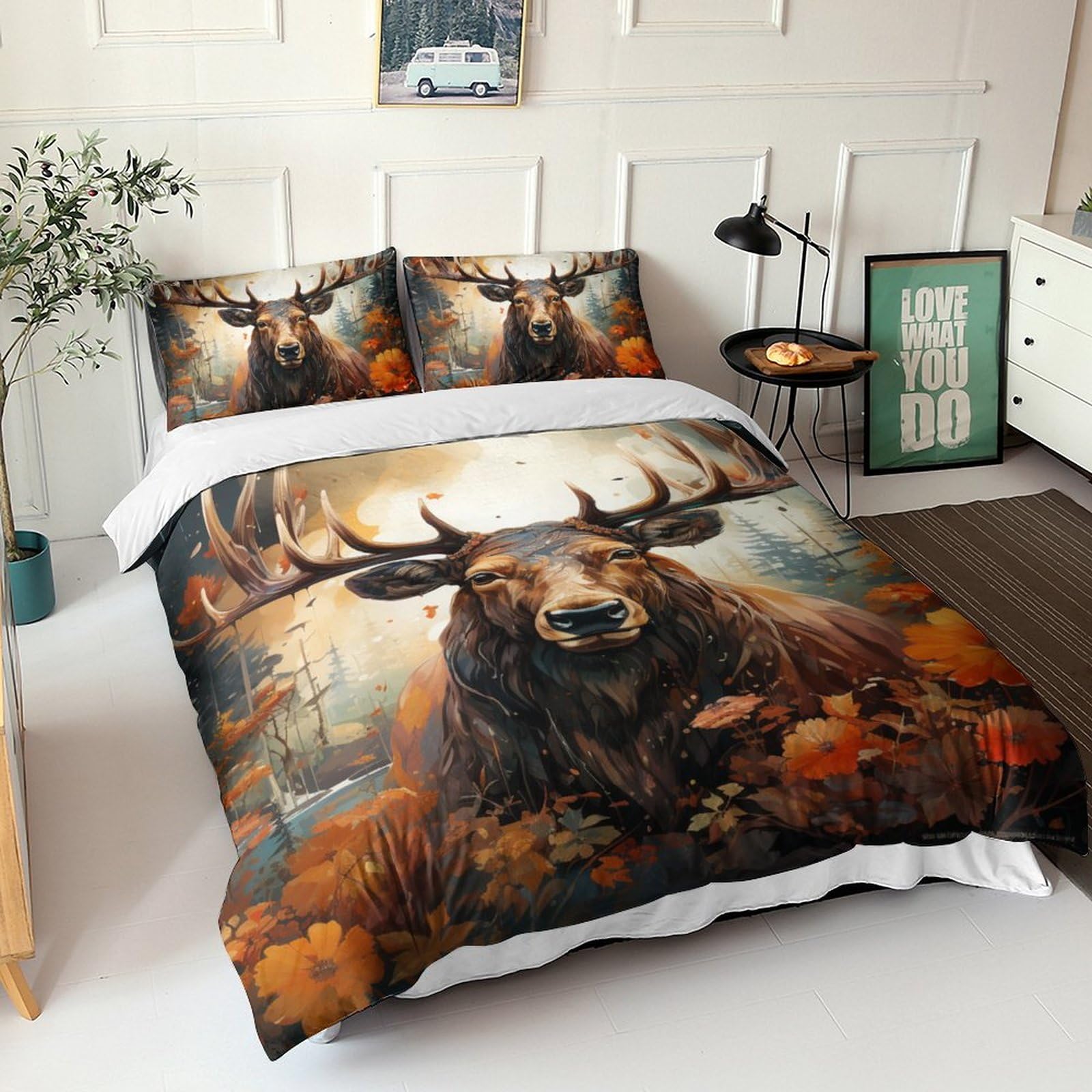 Parure de lit 3 pièces microfibre avec housse de couette et taies d'oreiller motif élan d'automne