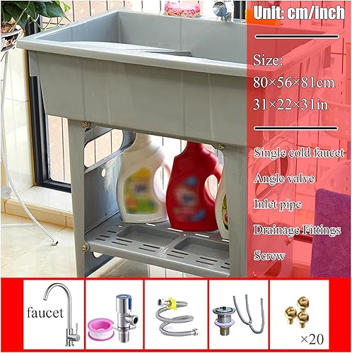 Miniatura 2 de Fregadero al aire libre de plástico independiente con grifo frío y caliente, para garaje, sótano, jardín (color gris)