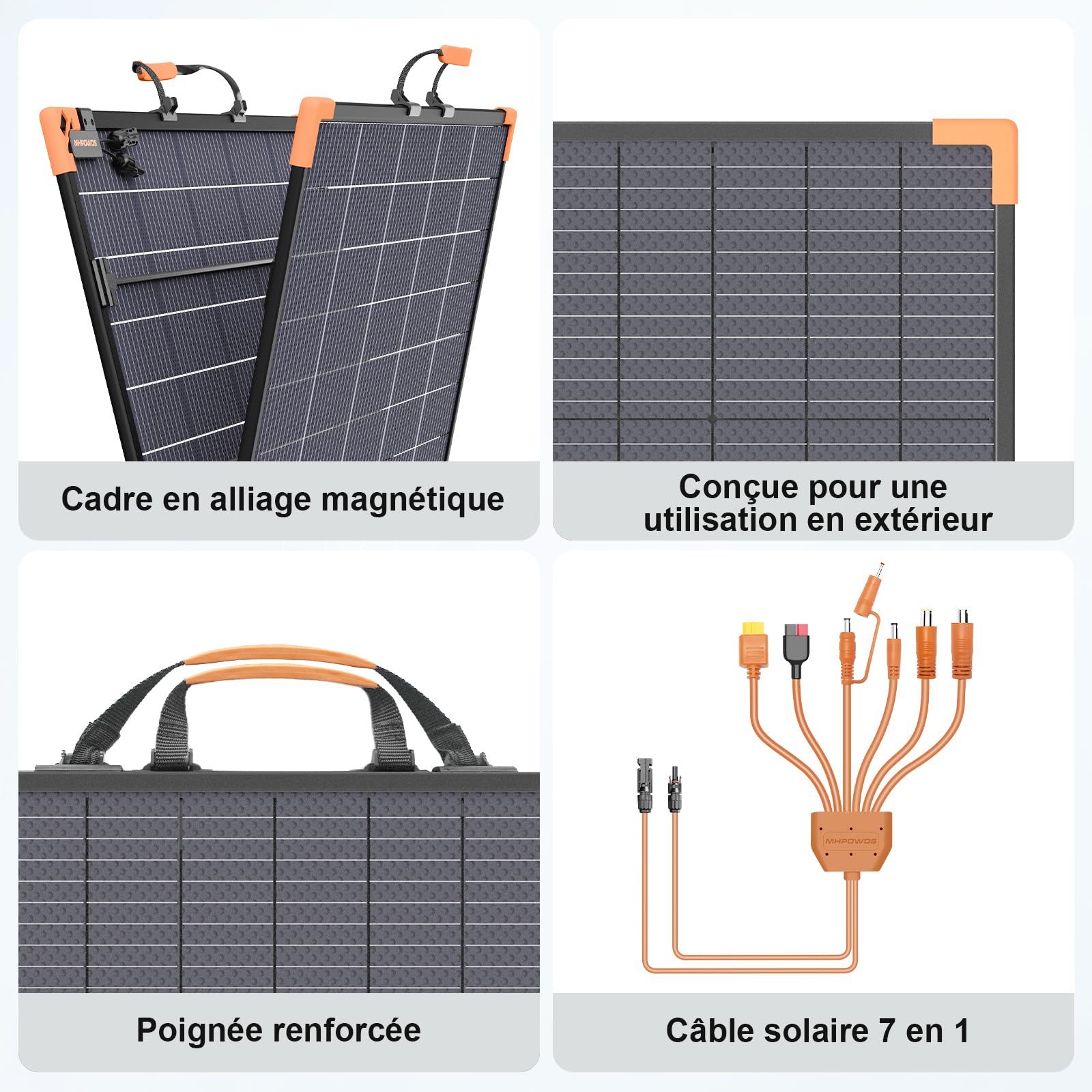 Panneau solaire portable biface 400 W, chargeur solaire pliable léger 33 V pour centrales électriques, étanche IP68, avec 3 supports renforcés pour le camping | Panneau solaire léger pour centrale électrique, étanche IP68, avec 3 supports renforcés pour c