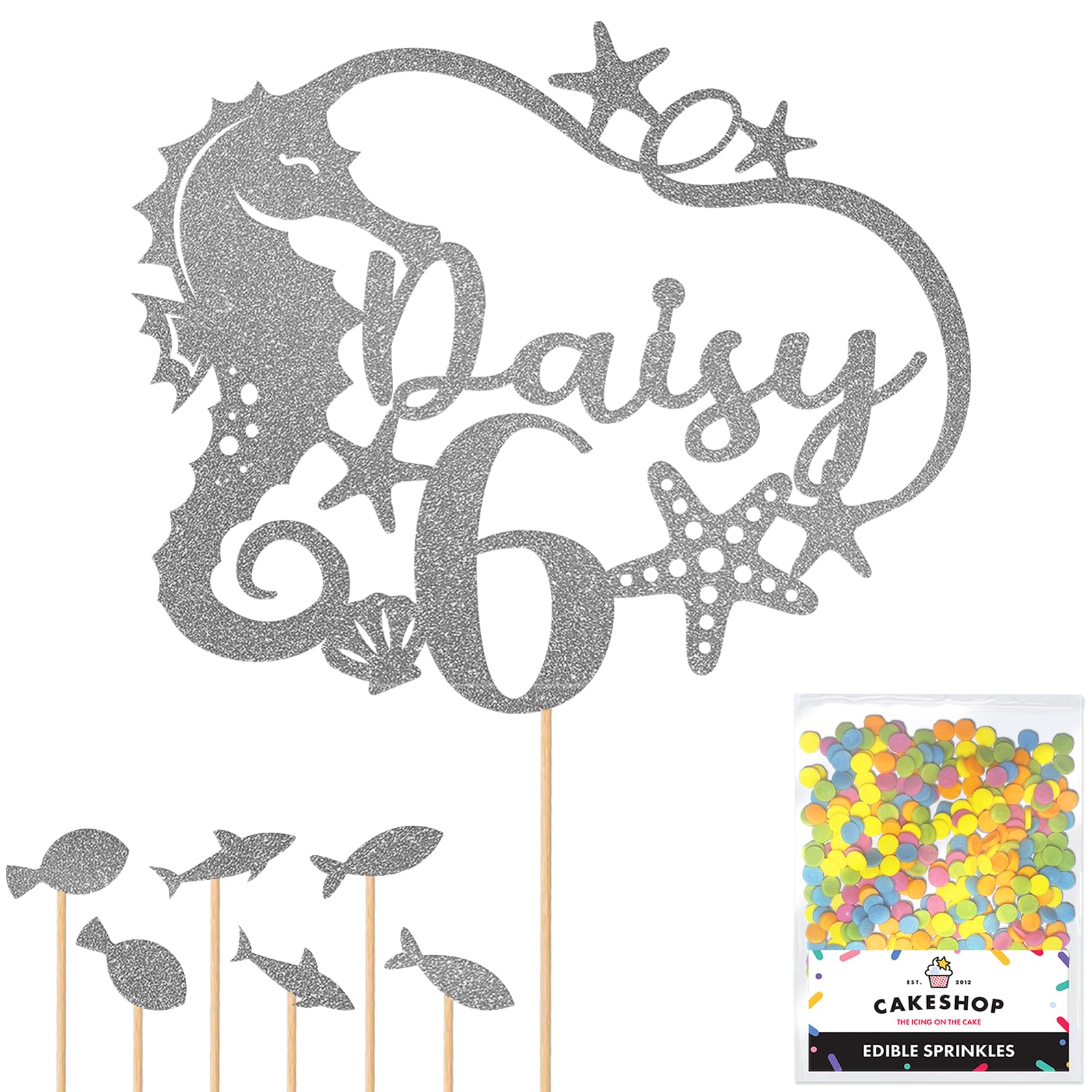 Personalised Birthday Seahorse Glitter Cake Topper- Dark Silver Any Custom Age & Name Glitter Cake Decoration and Sprinkles - Happy Birthday Decorations - Personalised Toppers for Cakes by Cakeshop