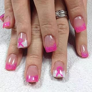 Breast Cancer Pink Ribbon Press on Nails Short Square French False Nails Glitter Powder Design Breast Cancer Nails Decoration Acrylic Nails Full Cover Coffin Nails Holiday Glue on Nails for Women