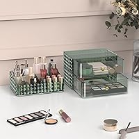 Vista 4 de Organizador de maquillaje para tocador, organizador de cosméticos apilable y almacenamiento, vitrinas de cosméticos con 2 cajones y 1 bandeja