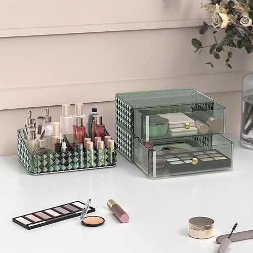 Miniatura 4 de Organizador de maquillaje para tocador, organizador apilable de cosméticos y almacenamiento, vitrinas de cosméticos con 2 cajones y 1 bandeja para