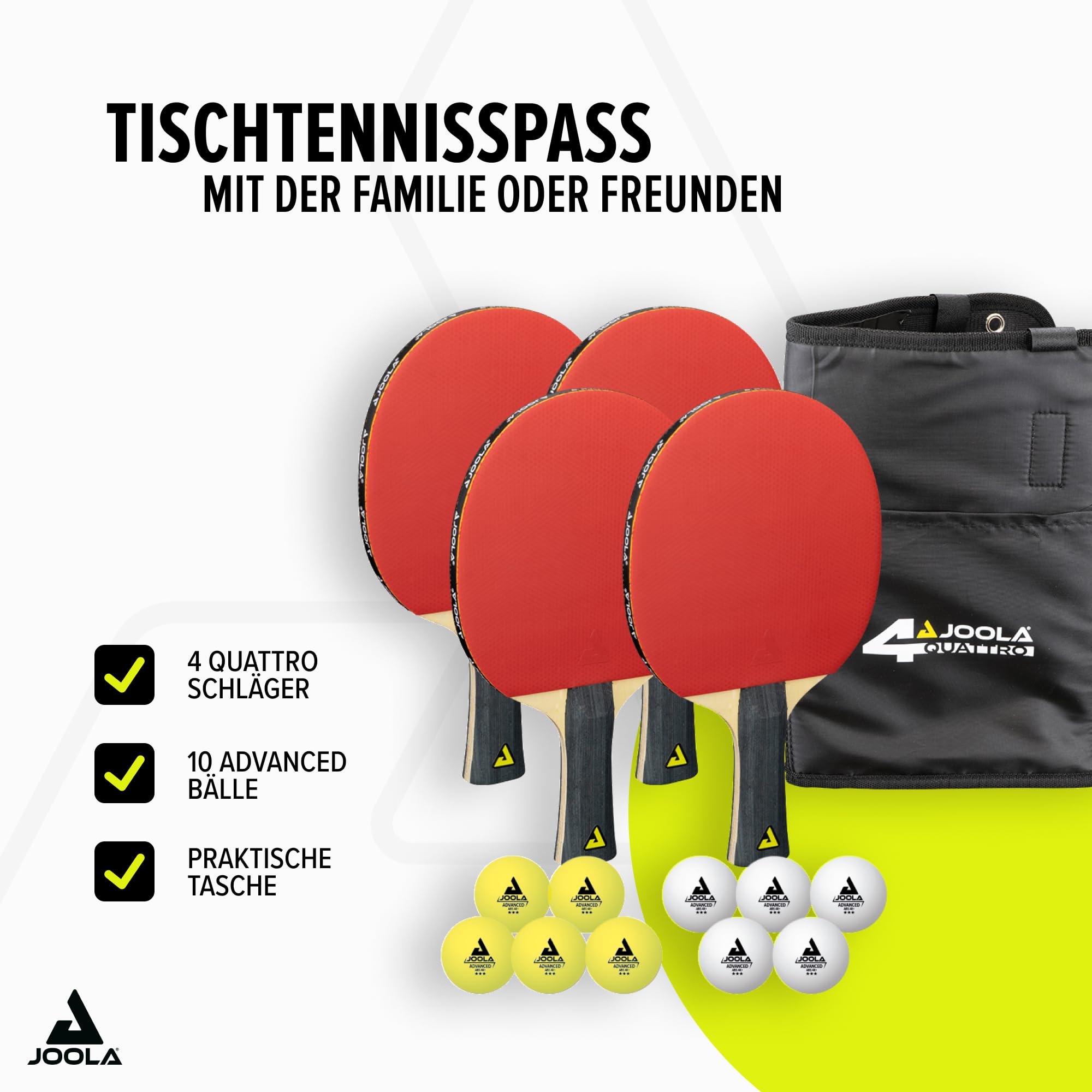 JOOLA Tischtennis Set, Tischtennis-Set mit 4 Tischtennisschlägern, Tischtennisbällen und Tragetasche