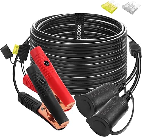 Cable de extensión de 14.8 pies / 14.8 ft, enchufe doble con abrazadera de batería de 12 V/24 V clip de batería y adaptador para encendedor de