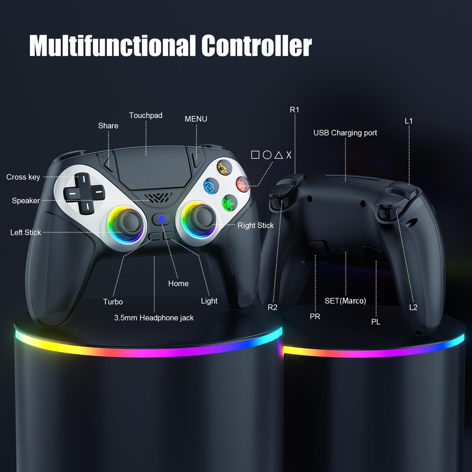 Dinosoo Manette sans fil RGB pour PS5/Pro/Slim/PC, avec palettes arrière, mode Turbo, macro, pavé tactile, suivi de mouvement 6 axes, double vibration et prise audio 3,5 mm