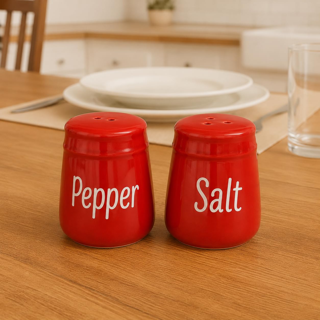 Dependable Industries - Juego de salero y pimentero de cerámica roja, capacidad de 2 onzas cada uno, impreso "Salt" y "Pepper", apto para lavavajillas