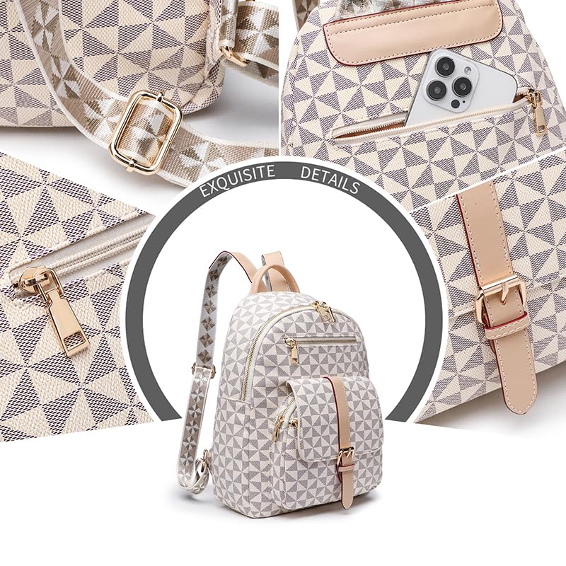 Image of Light Beige Minimalist Backpack for Women, Vegan Leather Cute Purse with Gold Zipper, Small Daypack for Office /Shopping