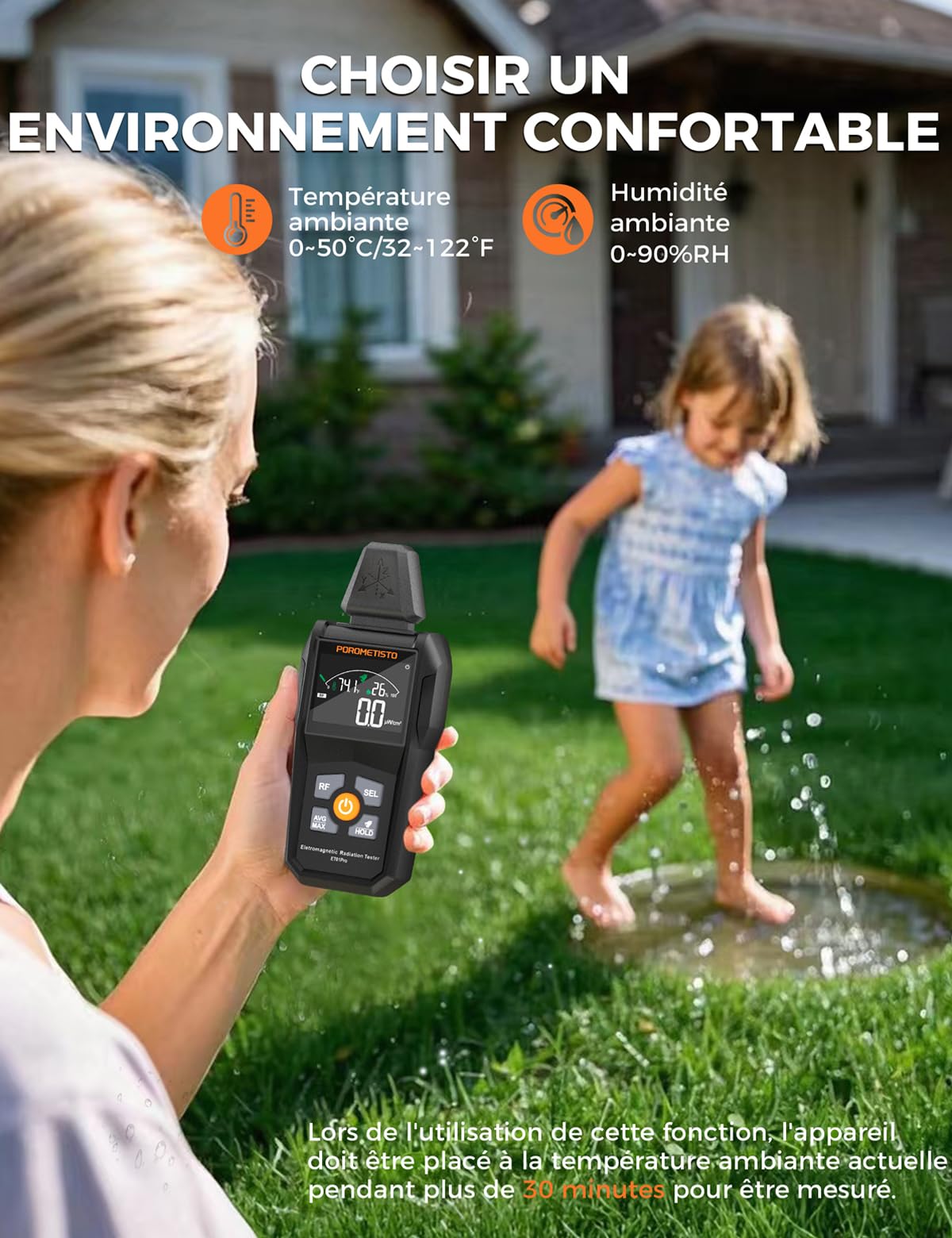 5-IN-1 Détecteur EMF POROMETISTO,avec Stockage des Données Et Batterie | Détecteur de Champ Électromagnétique Portable, Permettant la Mesure Simultanée des Données EF/MF/RF/Température/Humidité