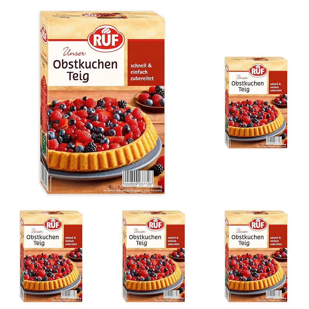 RUF Obstkuchen Teig, Backmischung für Obstkuchenteig, schnell und einfach, Obstboden, Erdbeerkuchen oder Tortenboden, 1 x 260g (Packung mit 5)