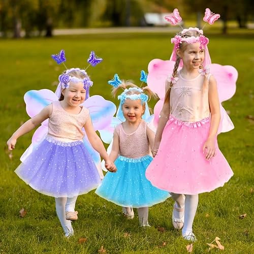 Miniatura 6 de WILDPARTY Juego de disfraz de hadas con alas de mariposa, tutú, pinzas para el cabello de mariposa, varita mágica, diadema y velo para edades de 3 a