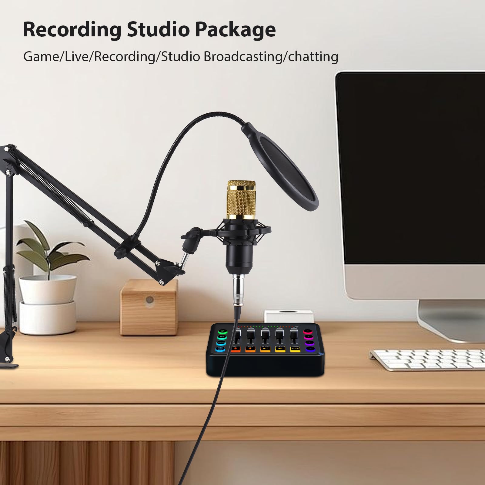 Paquete de Equipo de Podcast Paquete de Micrófono de Condensador Interfaz de Audio Tarjeta de Sonido en Vivo Todo en Uno y Micrófono de Condensador, Grabación Canto Juegos