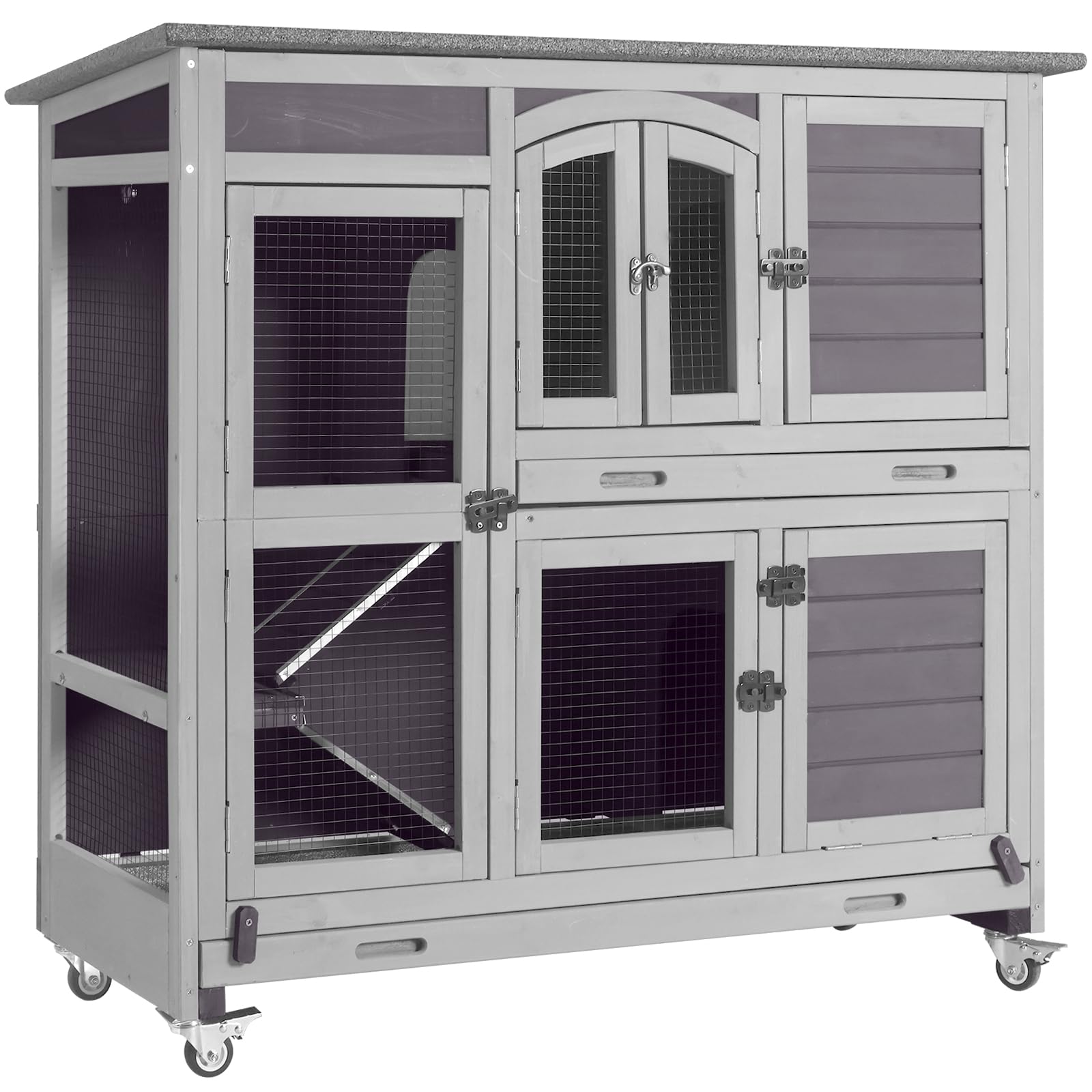Aivituvin 47" Two Story Rabbit Hutch Bunny Cage with Wheels, Indoor Outdoor Guinea Pig Cage with 2 Deep No Leak Tray (Grey, AIR06)