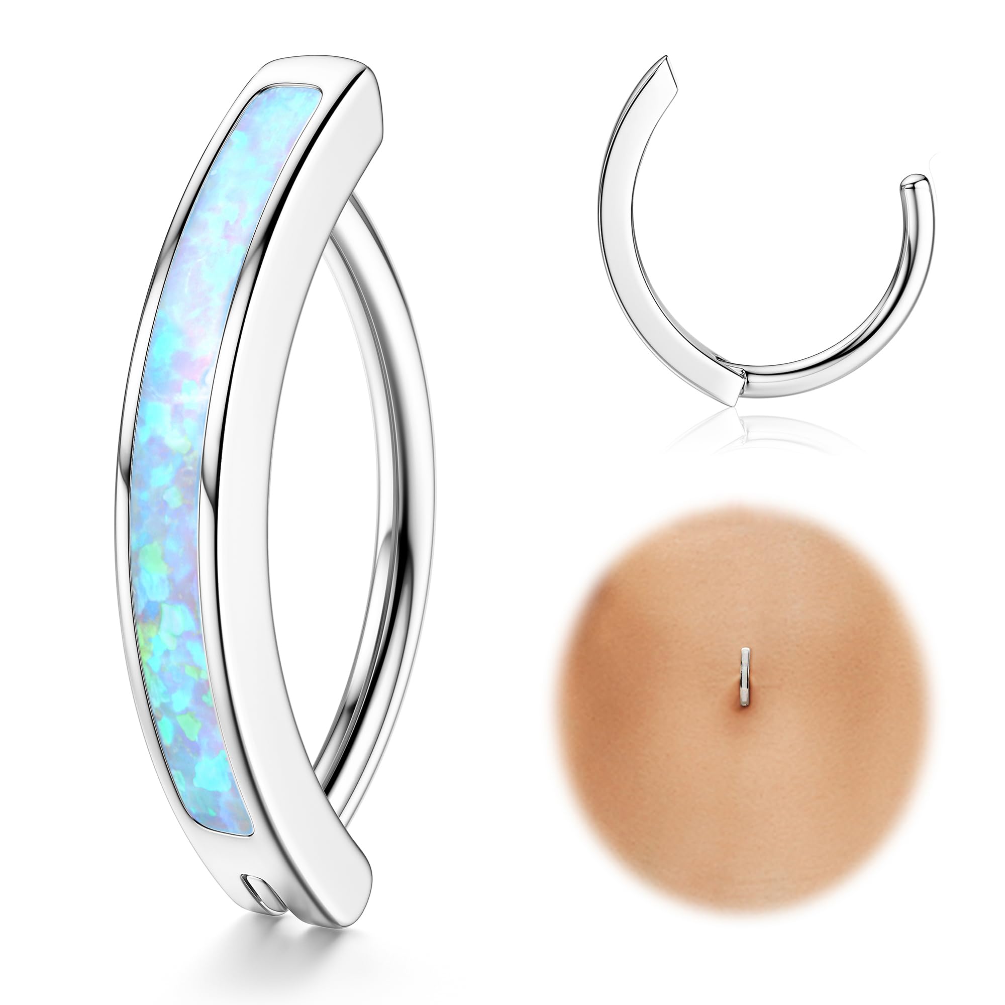 FIOROYAL 14G Piercing Ombligo Plata de Ley 925 Clicker Ópalo Piercing Ombligo Aro Curvo Inverso Piercing Ombligo Oro Plata Joyería de Cuerpo
