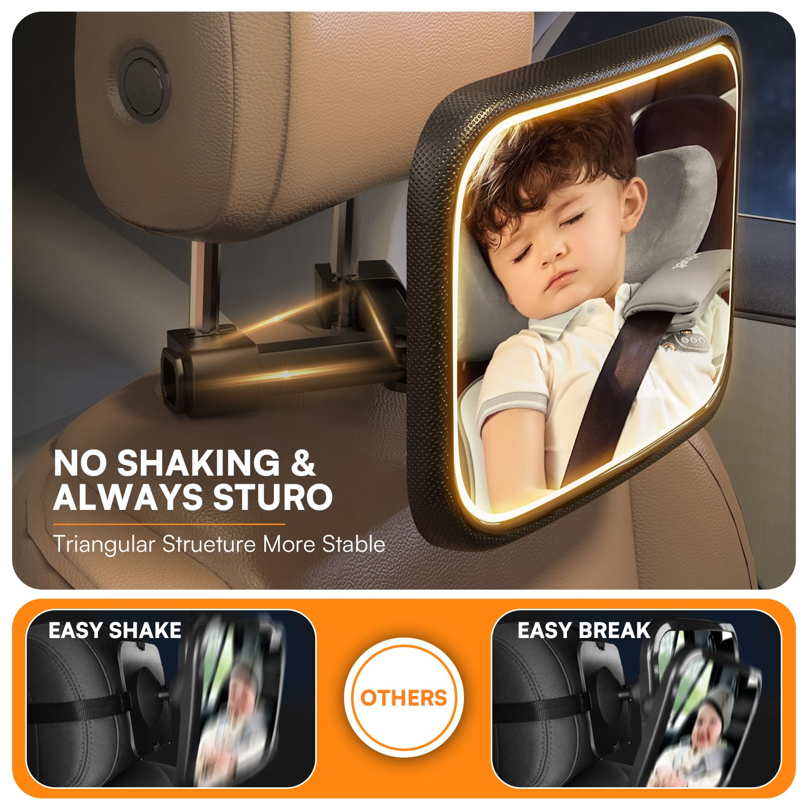 Espejo de coche para bebé con luz, espejo recargable para bebé con control remoto, visión clara, rotación de 360°, espejo trasero para asiento de coche, resistente a golpes y roturas