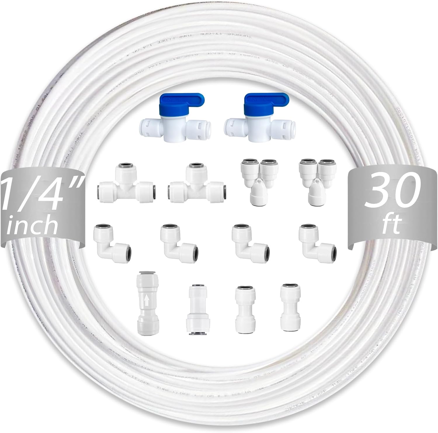 NSF 1/4" & 3/8" Water Line Tubing and Push Connect Fittings for Reverse Osmosis Water Filter RO fittings,25 pcs connetors+30 feet 1/4"(6.4mm) water tube +30 feet 3/8"(9.5mm) water tubing.