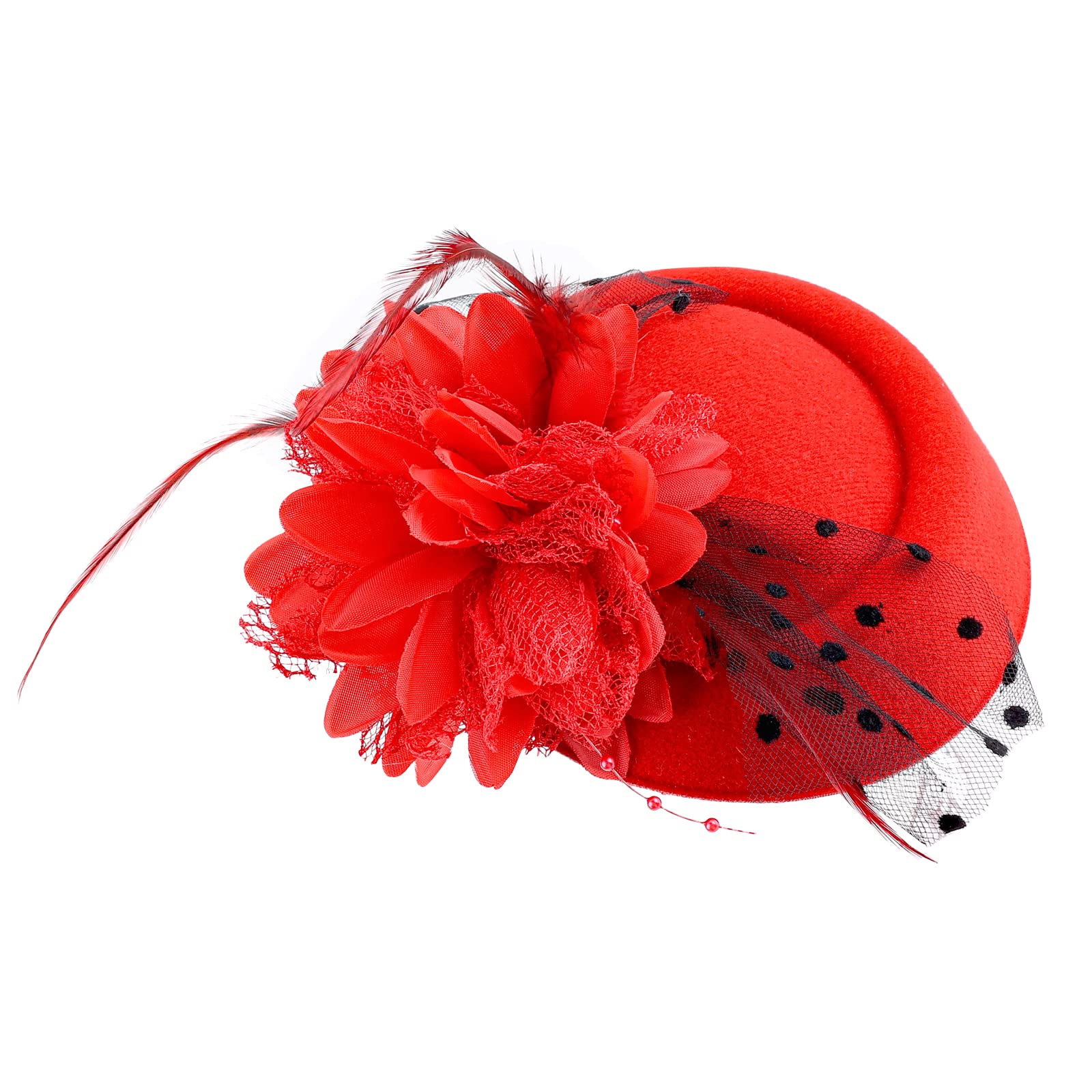 Yolev Tocados Rojos Madrina Vintage Sombrero 20's 50's Flor Pluma Vestido Fiesta Cóctel Velo Tocados de Boda Diadema Velo Señoras Niñas Tocado Años 20 Mujer Halloween Christmas Víspera de Todos los Santos