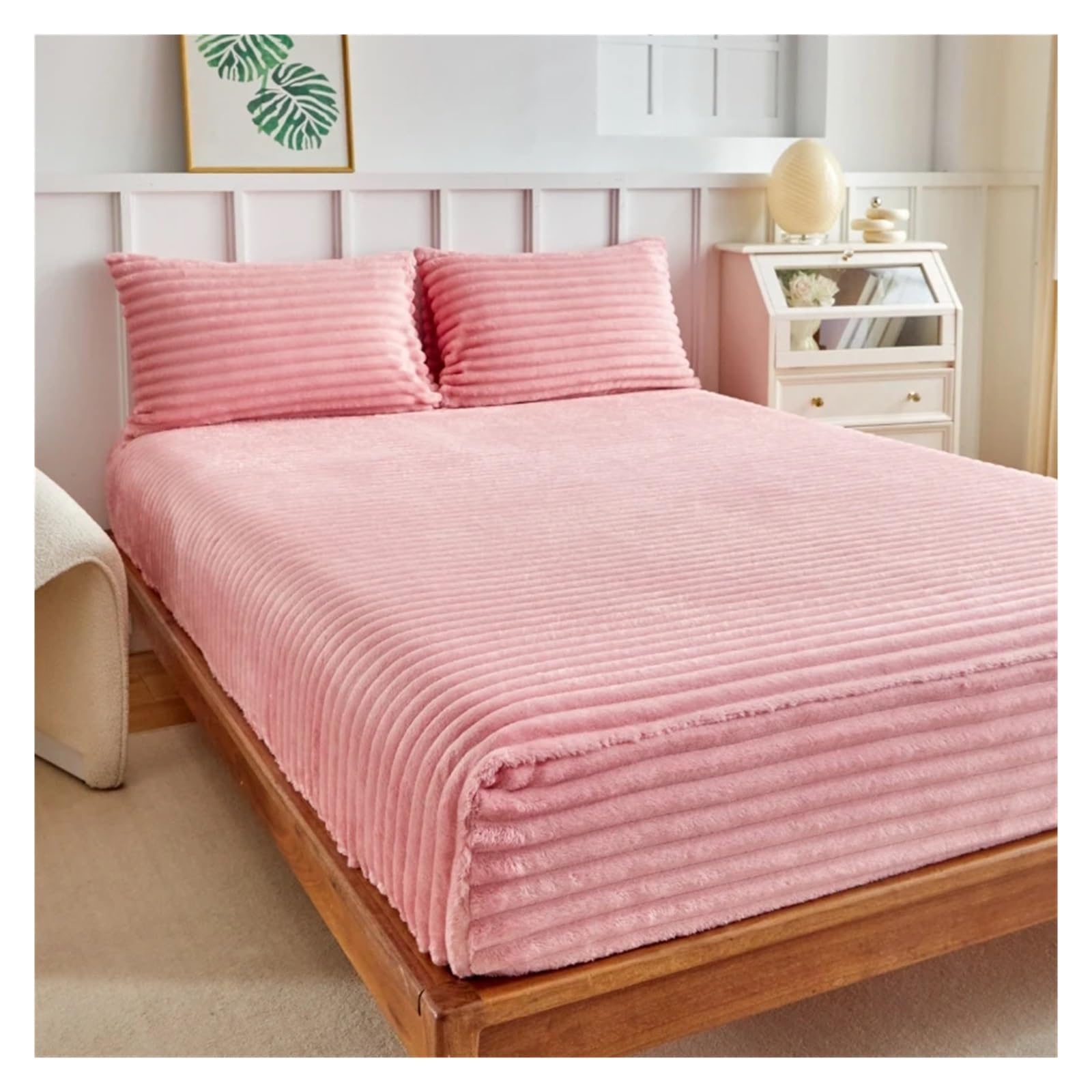 Copri Materasso Matrimoniale Copripiumino, coperta, copricuscino e copriletto in velluto a doppia faccia, con pelo di coniglio, set da tre pezzi(Pink,138X190 high30CM3PCS)