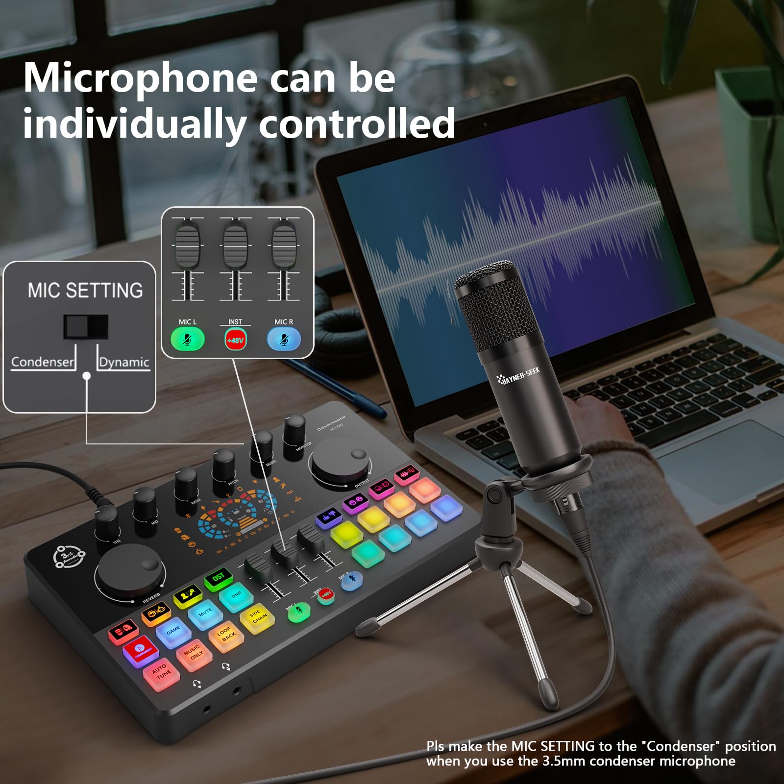 Interfaz de audio con micrófono de condensador de 3,5 mm, perfecta para transmisión en vivo, grabación, canto