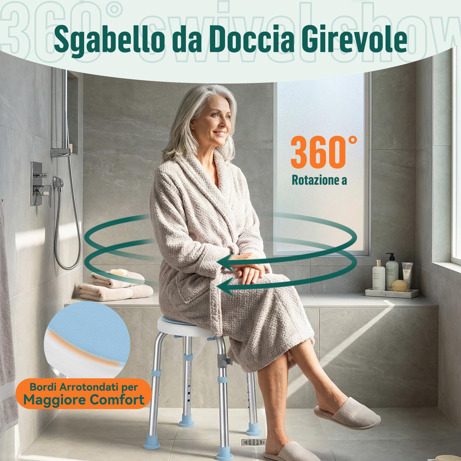 LC01 Sedia da Doccia Girevole 360° Regolabile in Altezza – Sgabello Doccia Antiscivolo in Alluminio con Sedile Rotante, Leggero per Anziani e Persone con Mobilità Ridotta